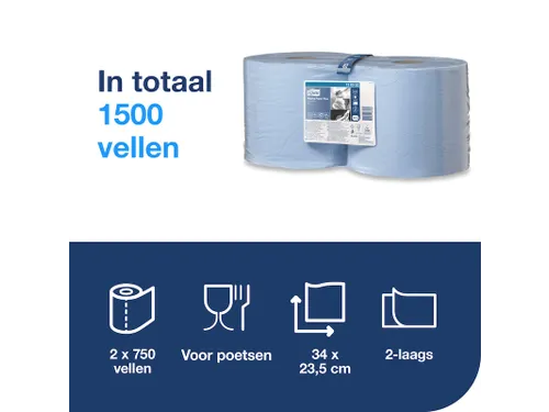 Poetsrol Tork W1 130052 2-laags 26cmx255m 2 Rollen blauw