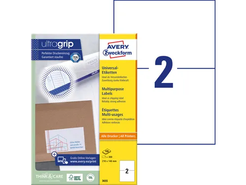 Etiket Avery Zweckform 3655 210x148mm A5 wit 200stuks