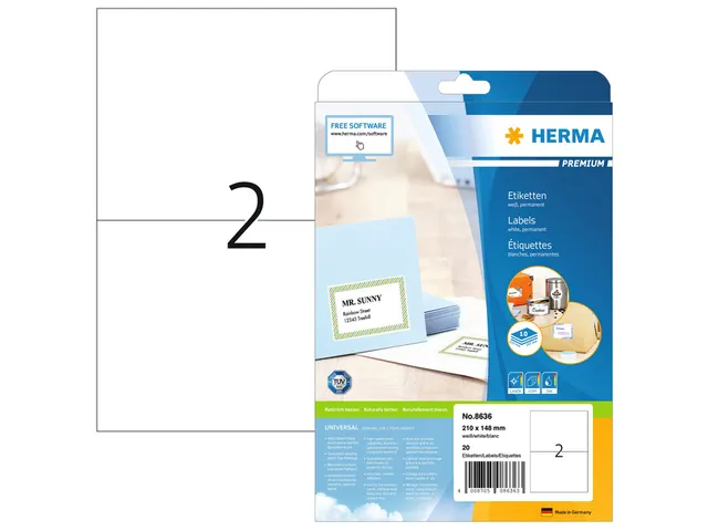 HERMA 8636 Premium etiketten A4 210x148mm Wit 20 stuks