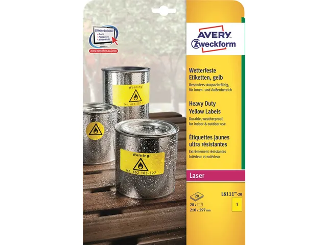 Avery Zweckform Ultra sterk etiket L6111-20 210x297mm Geel 20 stuks