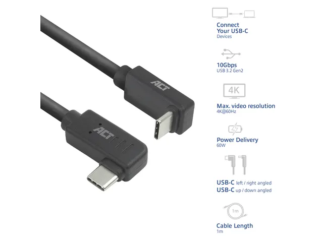 Kabel ACT USB-C hoek links/rechts USB-C hoek boven/beneden 10Gbps 1m