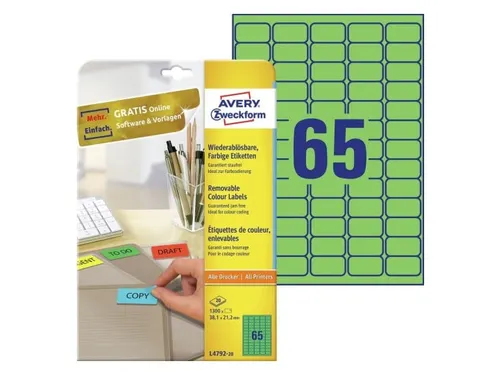 Gekleurde etiketten Avery Zweckform 38,1x21x2mm Groen 1300 stuks
