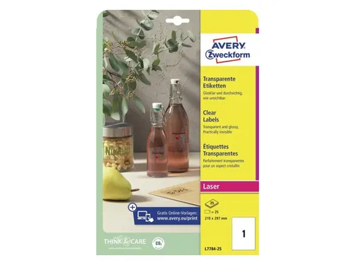 Crystal Clear Etiket Avery Zweckform 210x297mm A4 transparant 25 stuks