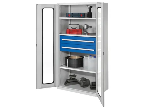 Materiaalkast Vensterdeuren 1950x1000x600mm 3legborden 2laden Ral7035