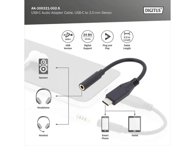 USB Type-C audioadapterkabel 3,5mm St/Bu 0,2m audio in/uit Zwart