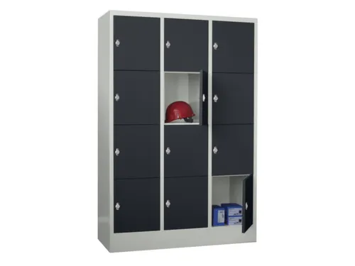 lockerkast,HxBxD 1850x1200x500mm,3x4vakken,RAL7035,front RAL7016