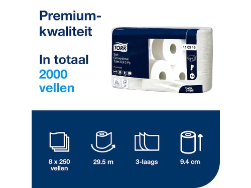 Toiletpapier Tork T4 110316 3-Laags Premium 250 vel 8 Rollen