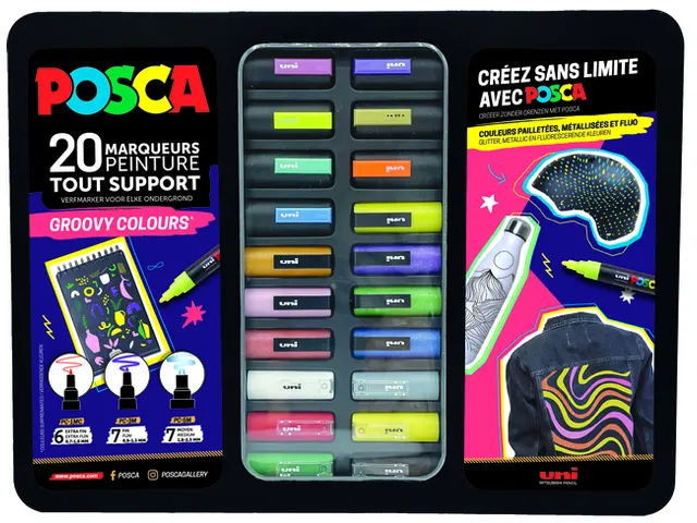 Paintmarker Uni POSCA Groovy Colours assorti metalen koffer à 20 stuk