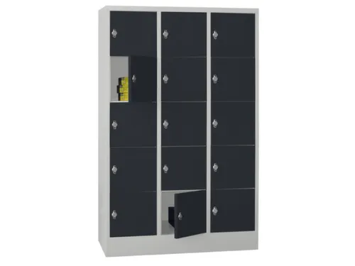 lockerkast,HxBxD 1850x1200x500mm,3x5vakken,RAL7035,front RAL7016