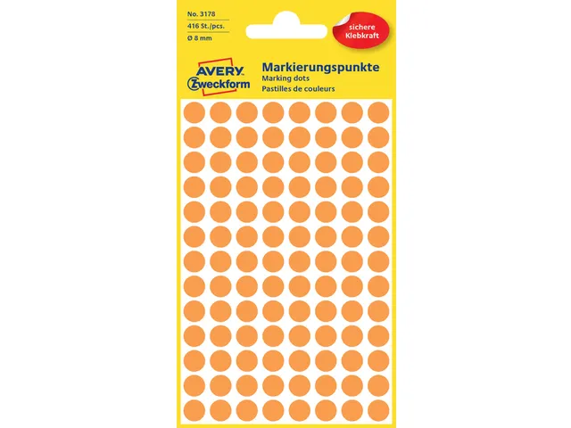 Etiket Avery Zweckform 3178 Rond Ø8mm Oranje 416 Stuks
