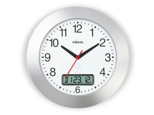 Radiowandklok Ø 30cm Cijferaanduiding Datumaanduiding Zilver