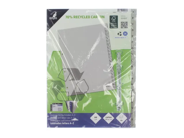 Tabblad ECO Kangaro A4 letters 180 grams grijs karton 4-gaats 20-delig