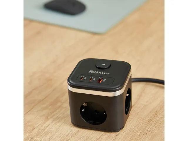 Stekkerblok Fellowes Power Cube F 3-voudig 1xUSB-A 2xUSB-C 2m zwart
