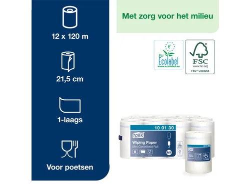 Poetspapier Tork Wiping mini rol M1 1 laags centerfeed wit 100130