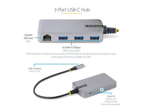 3-Port USB-C Hub met Ethernet 3x USB-A Gigabit Ethernet RJ45