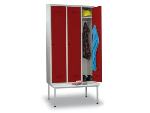 locker met bank,HxBxD 2150x1200x500mm,3vak,RAL7035,front RAL3000