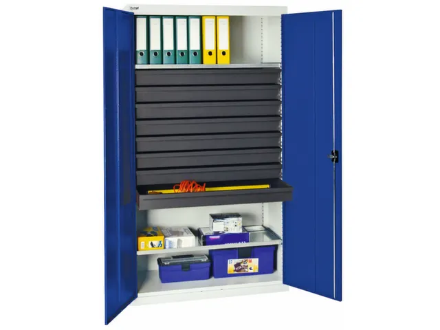 Gereedschapskast 1800x1000x500mm 2legborden 8laden Ral7035 Ral5010