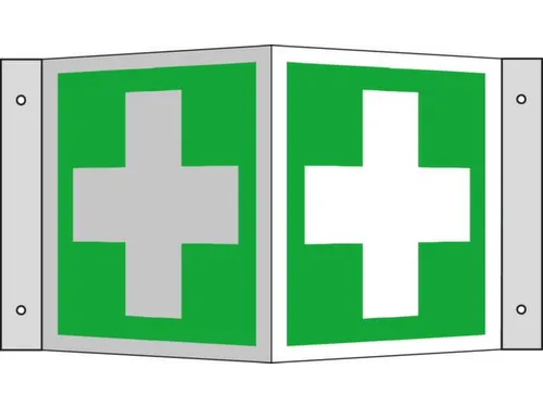 EHBO-bord,EHBO,hoekbord,aluminium,lang nalichtend,HxB 150x150mm