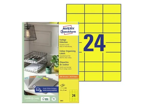 Gekleurd Etiket Avery Zweckform 70x37mm Geel 2400 stuks