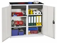 Materiaalkast 1000x1000x500mm 4legborden Uitschuifbaar 2laden Ral7035