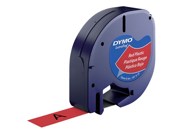 Labeltape Dymo Letratag 91203 plastic 12mm zwart op rood | LabelprinterOnline.nl