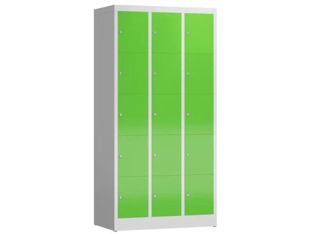 Lockerkast 1800x870x500mm 3x5 vakken cilinderslot, sokkel, RAL6018