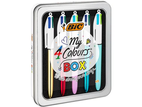 Balpen Bic 4kleuren My Bic medium assorti blik à 5 stuks