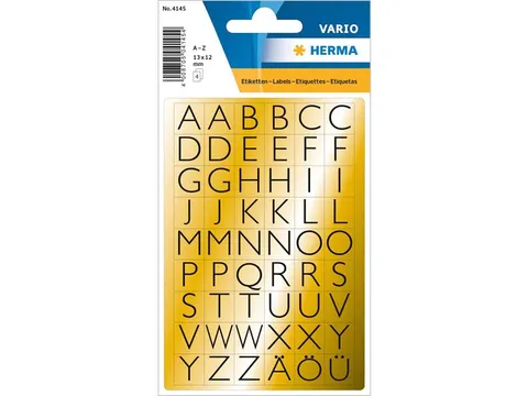 Etiket Herma 4145 13x12mm Letters A-Z Zwart op Goud 216 stuks