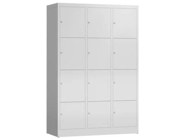 Lockerkast 1800x1185x500mm 3x4 vakken cilinderslot, sokkel, RAL7035