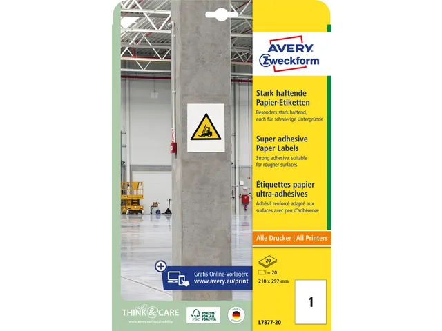 Avery Zweckform L7877 Sterk klevende etiketten A4 210x297mm 20 stuks