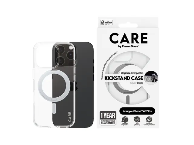 PanzerGlass CARE by Case Transparent w. Silver Kickstand & MagSa