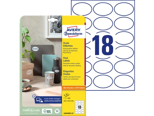 Etiket Avery L6024REV-25 ovaal 63.5x42.3mm wit 450 stuks 25 vel
