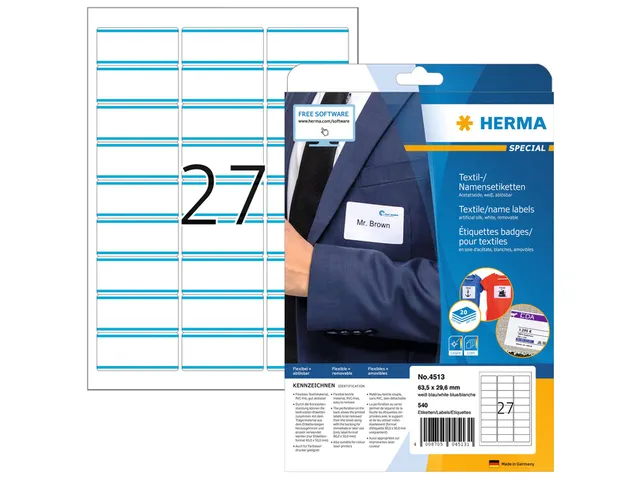 HERMA 4513 Naambadge textieletiket A4 63,5x29,6mm Wit/blauw 540 stuks