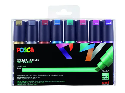 Verfstift Posca PC8K Brede punt 8mm schuin 8st metallic assorti