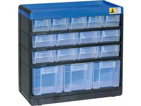 magazijnkast HxBxD 285x300x135mm 16laden behuizing zwart/blauw