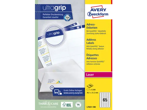 Etiket Avery L7651-25 38.1x21.2mm Laserprinter Wit 6500 stuks