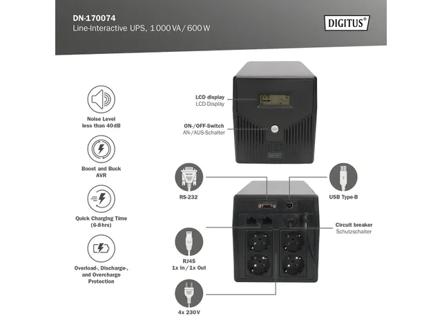 Digitus Line-Interactive UPS 1000 VA/600W 12V/7Ah x2 batterij LCD