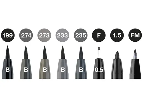Tekenstift Pitt Artist Pen etui 8 stuks zwart en grijs assorti