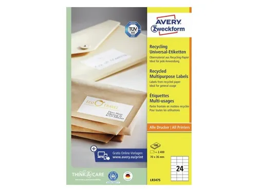 Etiket Avery Zweckform LR3475 70x36mm recycled Wit 2400 stuks