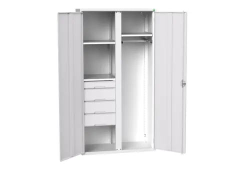 Locker 2000x1050x550mm 3 vakken, lade, dubbele vleugeldeur, RAL7035