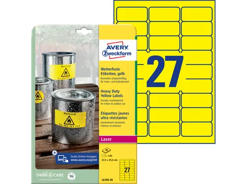 Avery Zweckform Ultra sterk etiket L6105-20 63.5x29.6mm Geel 540 stuks