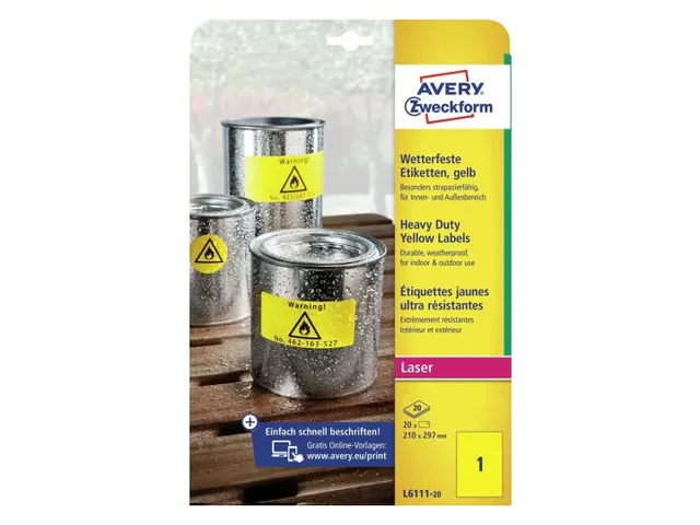 Avery Zweckform Ultra sterk etiket L6111-20 210x297mm Geel 20 stuks