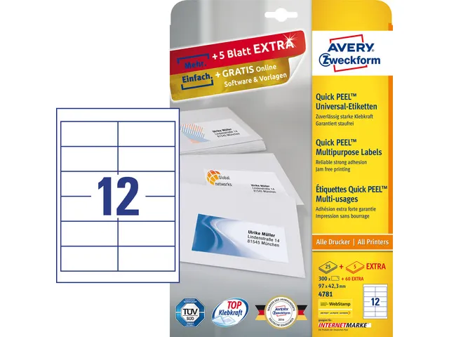 etiket Avery ILK 97x42,3mm 25 vel + 5 vel extra 12 etiketten per vel w