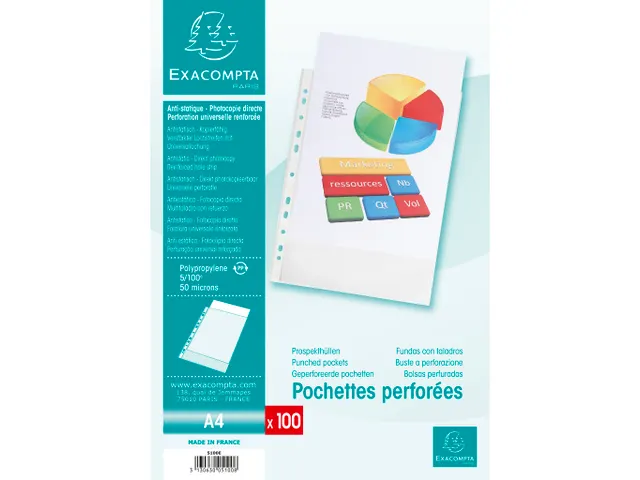 Sachet de 100 pochettes perforées polypropylène grainé 5/100e - A4
