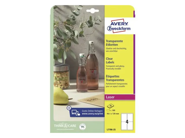 Etiquette laser Avery 96x50.8mm transparent 25 feuilles 4 étiquettes