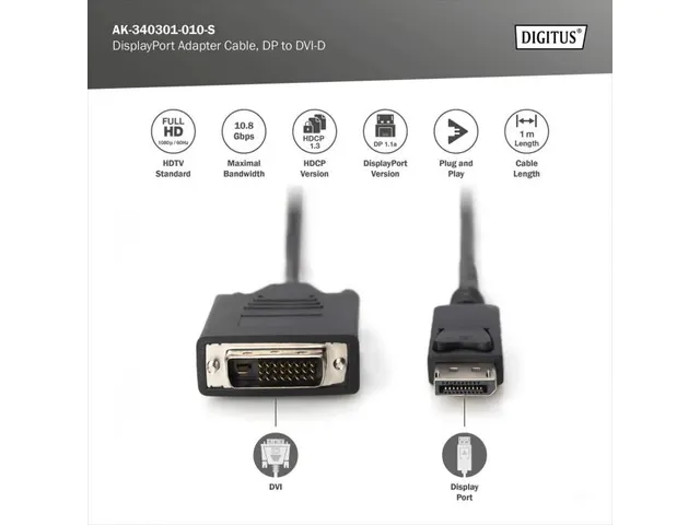 DisplayPort-adapterkabel type DP DVI (24+1) m/m 1m DP 1.1a Zwart