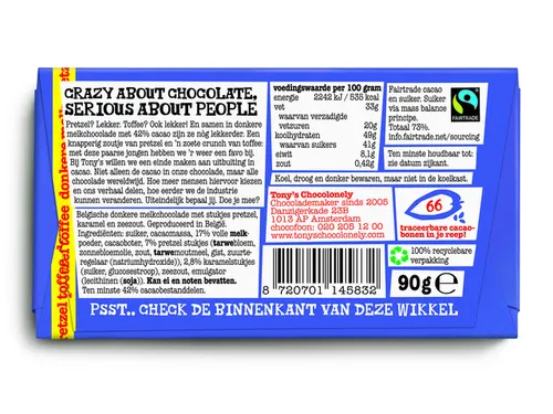 Chocolade Tony Chocolonely donkere melk pretzel toffee reep 90 gram
