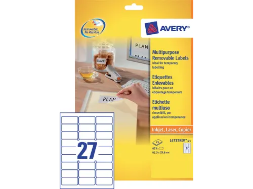 Etiket Avery L4737rev-25 63.5x29.6mm Afneembaar Wit 675 Stuks