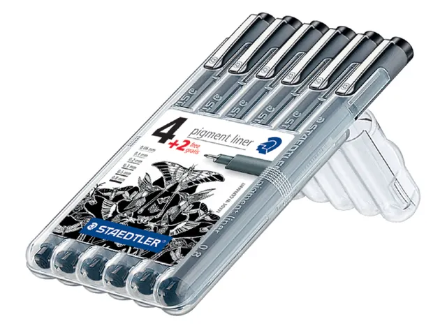 Fineliner Staedtler Pigment 308 zwart set 4+2 gratis 0.05-0.8mm