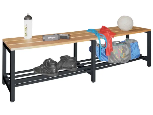 banc-patère,LxP 1500x370mm,barrettes en bois hêtre,piètement RAL701